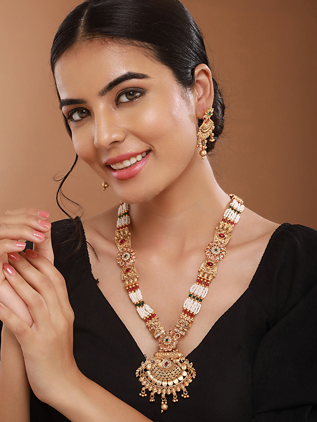 Gold Plated Fusion Stone Studded Filigree Long Maala  Bridal  Jewellery Set